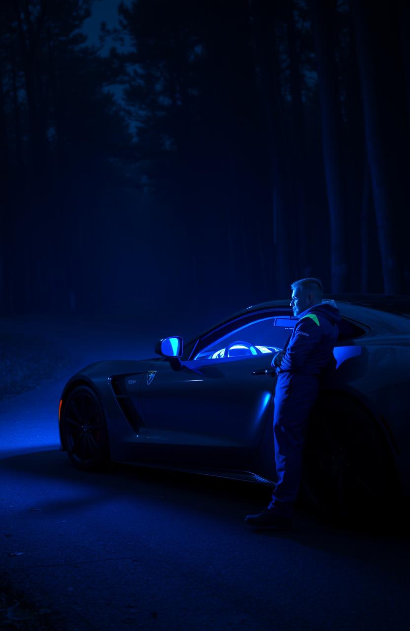 In a dark forest at night, a sleek sports car is parked on a winding road, illuminated in deep blue hues