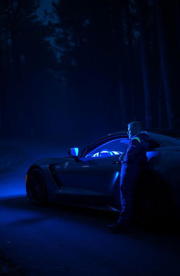 In a dark forest at night, a sleek sports car is parked on a winding road, illuminated in deep blue hues