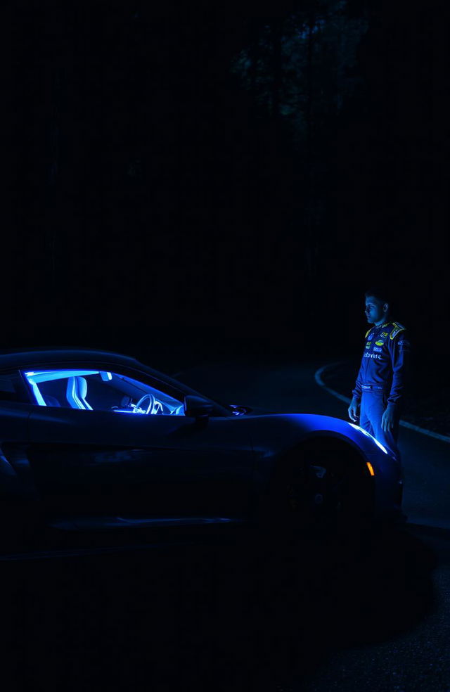 In a dark forest at night, a sleek sports car is parked on a winding road, illuminated in deep blue hues