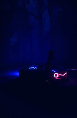 A dark forest at night with a sleek sports car parked on the road