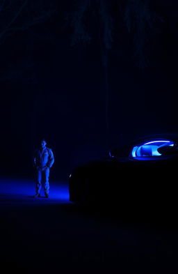 A dark forest at night with a sleek sports car parked on the road