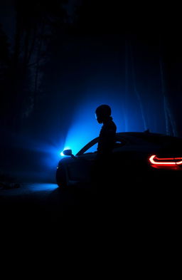 A dark forest at night with a sleek sports car parked on the road