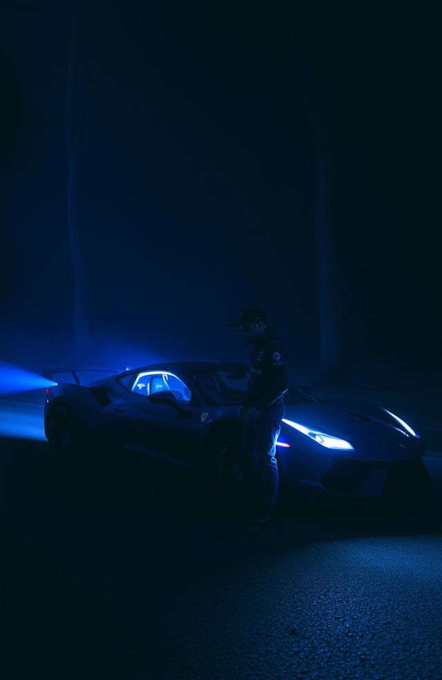 A dark forest at night with a sleek sports car parked on the road