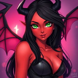 A charismatic teenage succubus exuding charm and allure, with radiant red skin and captivating green eyes