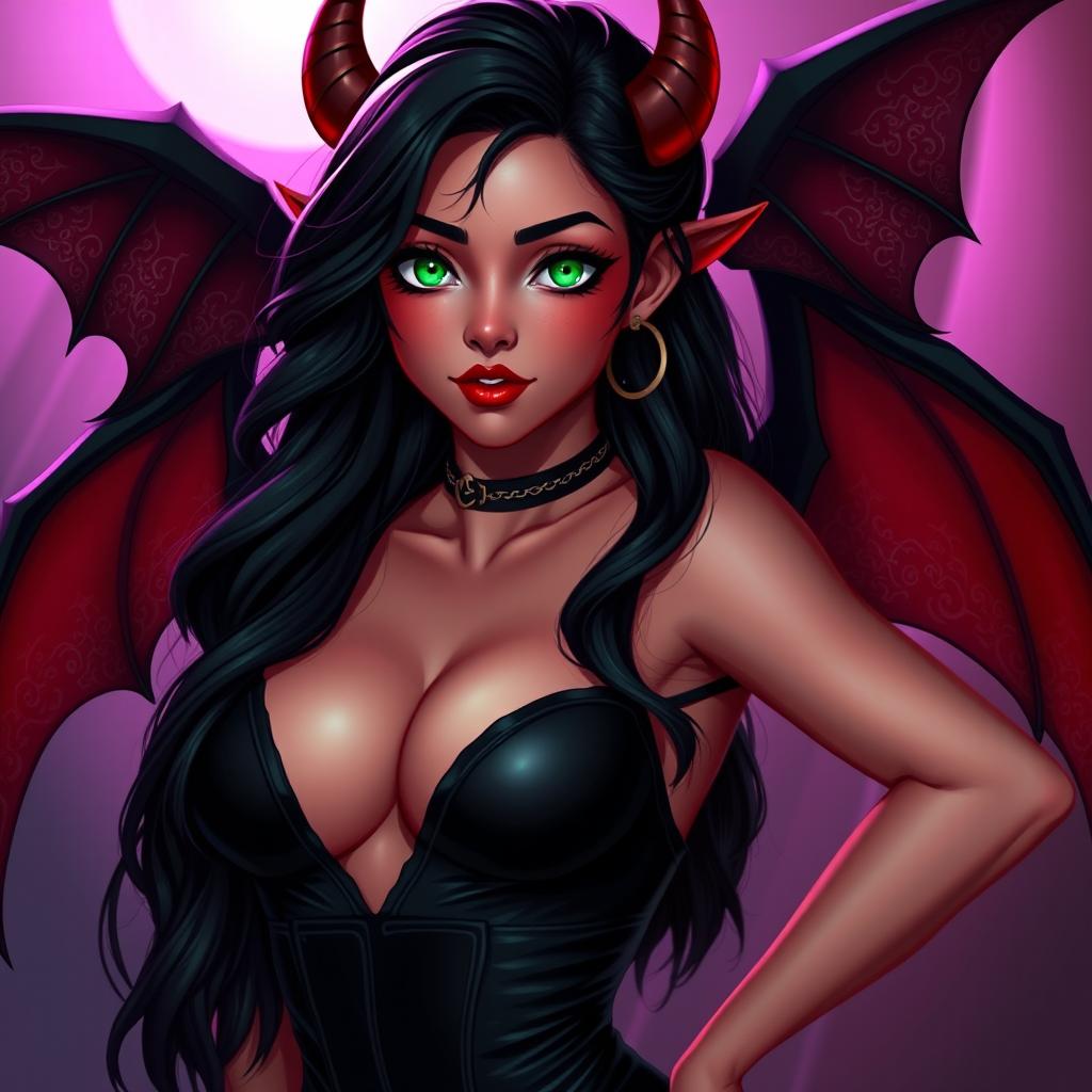 A charismatic teenage succubus exuding charm and allure, with radiant red skin and captivating green eyes