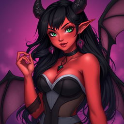A charismatic teenage succubus exuding charm and allure, with radiant red skin and captivating green eyes