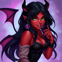 A charismatic teenage succubus exuding charm and allure, with radiant red skin and captivating green eyes
