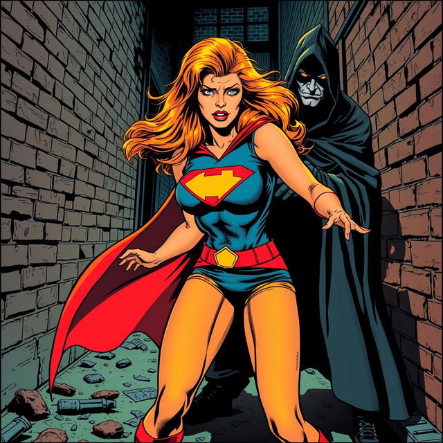 A dramatic scene depicting a female heroine in a vintage superhero costume, captured in a classic comic book style