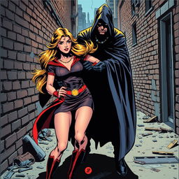 A dramatic scene depicting a female heroine in a vintage superhero costume, captured in a classic comic book style