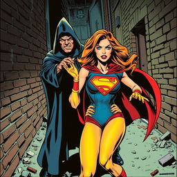 A dramatic scene depicting a female heroine in a vintage superhero costume, captured in a classic comic book style