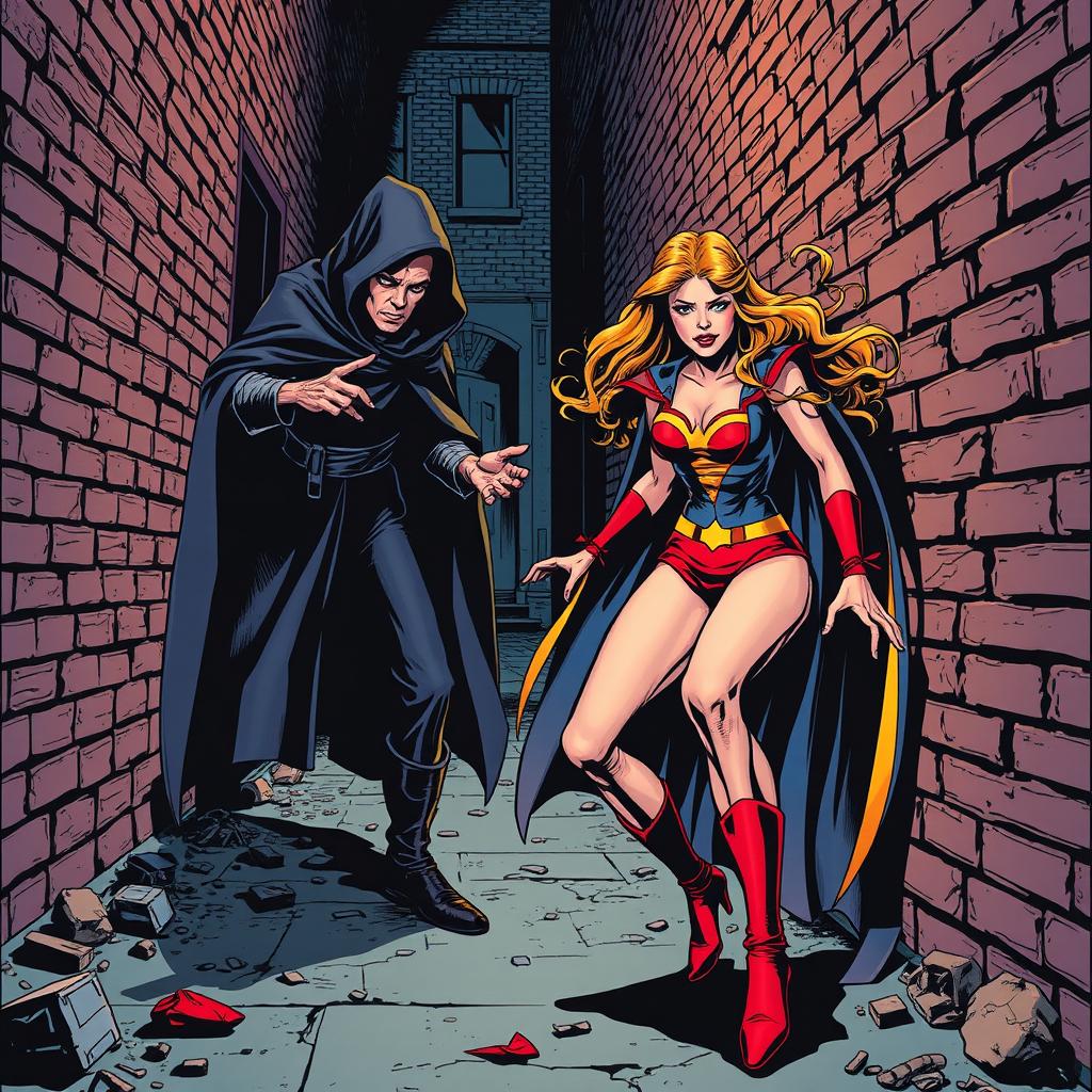 A dramatic scene depicting a female heroine in a vintage superhero costume, captured in a classic comic book style