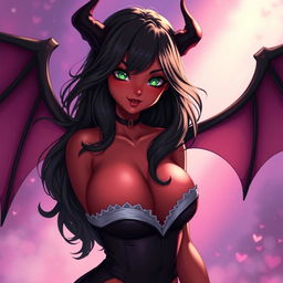 A charismatic teenage succubus exuding charm and allure, with radiant red skin and captivating green eyes