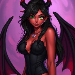 A charismatic teenage succubus exuding charm and allure, with radiant red skin and captivating green eyes