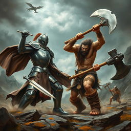 A fierce battle scene between a knight and a barbarian