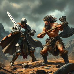 A fierce battle scene between a knight and a barbarian