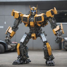 A detailed and intricate transformer in mid-transformation, illustrating the balance between a powerful robot and an advanced vehicle