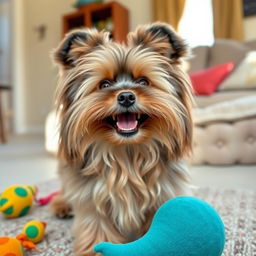 A playful and fluffy Calveichon dog, showcasing its distinct long, silky hair and adorable round face