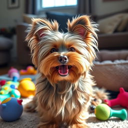 A playful and fluffy Calveichon dog, showcasing its distinct long, silky hair and adorable round face