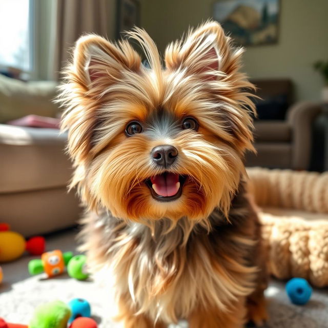 A playful and fluffy Calveichon dog, showcasing its distinct long, silky hair and adorable round face