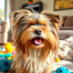 A playful and fluffy Calveichon dog, showcasing its distinct long, silky hair and adorable round face