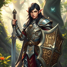 A majestic paladin half-elf, sporting a finely detailed suit of gleaming armor adorned with intricate designs and symbols of light