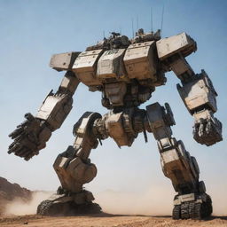 A heavily fortified tank elegantly transforming into a towering, robust Mecha, showcasing complex mechanical components reflecting the essence of its tank origin