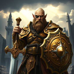 A formidable bald half-elf paladin, distinguished by a rugged appearance complemented by a prominent eye patch over one eye