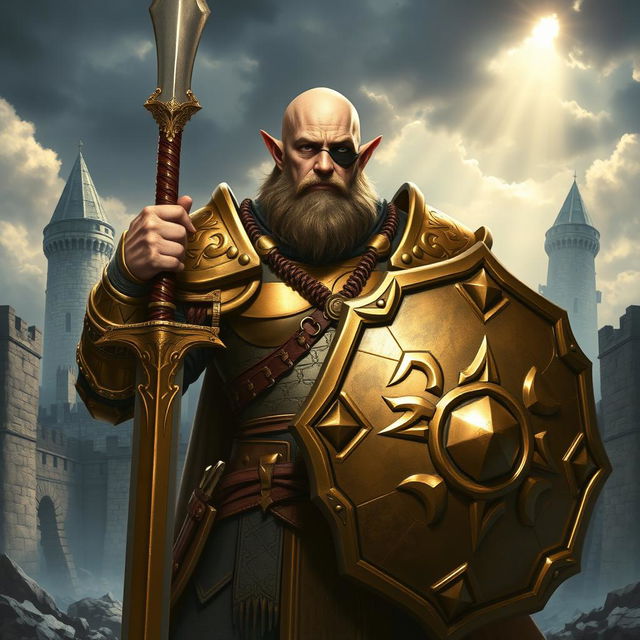 A formidable bald half-elf paladin, distinguished by a rugged appearance complemented by a prominent eye patch over one eye