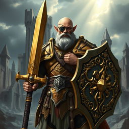 A formidable bald half-elf paladin, distinguished by a rugged appearance complemented by a prominent eye patch over one eye