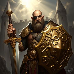 A formidable bald half-elf paladin, distinguished by a rugged appearance complemented by a prominent eye patch over one eye