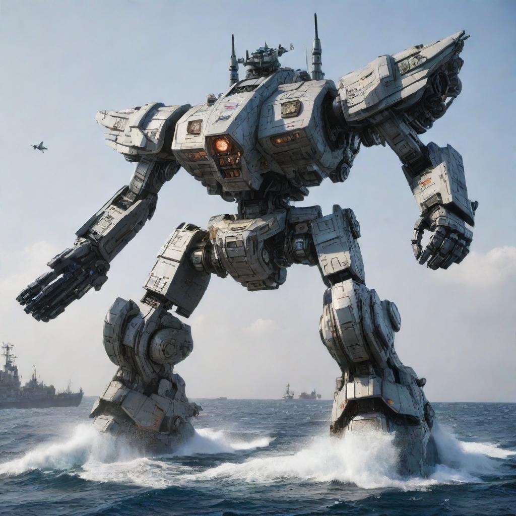 A majestic warship morphing into an imposing Mecha, maintaining elements of its naval design while integrating the powerful features of a mechanic warrior