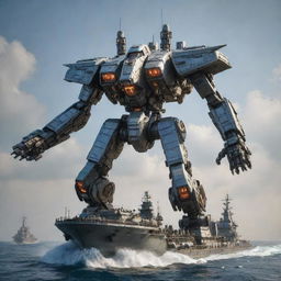 A majestic warship morphing into an imposing Mecha, maintaining elements of its naval design while integrating the powerful features of a mechanic warrior