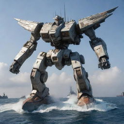 A majestic warship morphing into an imposing Mecha, maintaining elements of its naval design while integrating the powerful features of a mechanic warrior