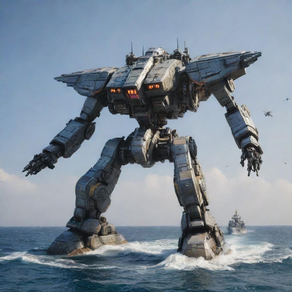 A majestic warship morphing into an imposing Mecha, maintaining elements of its naval design while integrating the powerful features of a mechanic warrior