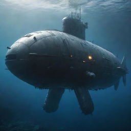 A sleek submarine transforming into a colossal Mecha, with elements of its aquatic design visible within the structure, highlighting its origin from the deep sea