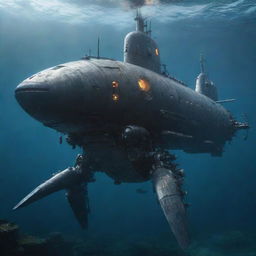 A sleek submarine transforming into a colossal Mecha, with elements of its aquatic design visible within the structure, highlighting its origin from the deep sea