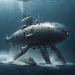 A sleek submarine transforming into a colossal Mecha, with elements of its aquatic design visible within the structure, highlighting its origin from the deep sea