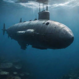 A sleek submarine transforming into a colossal Mecha, with elements of its aquatic design visible within the structure, highlighting its origin from the deep sea