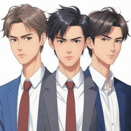 Anime style illustration of three tidy and well-groomed male characters, each displaying characteristic features and unique hairstyles.