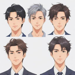 Anime style illustration of three tidy and well-groomed male characters, each displaying characteristic features and unique hairstyles.