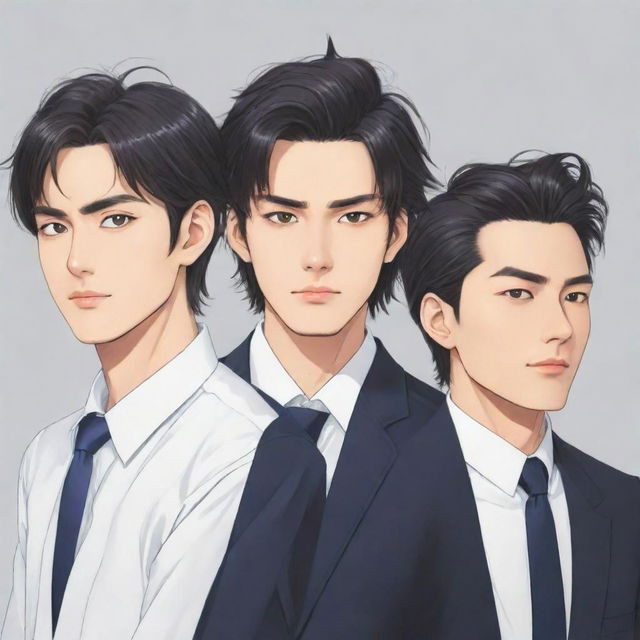 Anime style illustration of three tidy and well-groomed male characters, each displaying characteristic features and unique hairstyles.