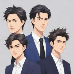 Anime style illustration of three tidy and well-groomed male characters, each displaying characteristic features and unique hairstyles.