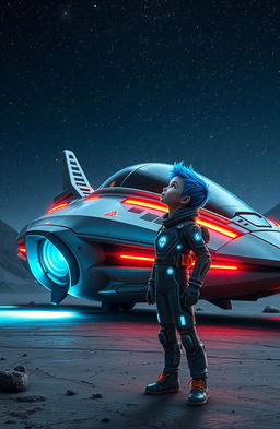 A futuristic spaceship with sleek, shiny metallic surfaces and bright neon accents, parked on an alien landscape under a starry night sky filled with distant galaxies