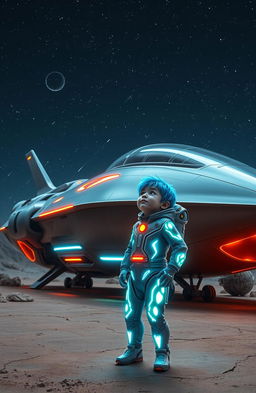 A futuristic spaceship with sleek, shiny metallic surfaces and bright neon accents, parked on an alien landscape under a starry night sky filled with distant galaxies