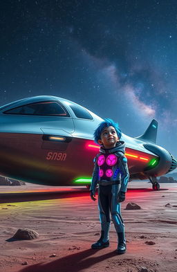 A futuristic spaceship with sleek, shiny metallic surfaces and bright neon accents, parked on an alien landscape under a starry night sky filled with distant galaxies