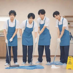 Anime style illustration showcasing three male characters diligently performing different cleaning tasks, each with characteristic features and distinct anime expressions.