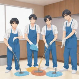 Anime style illustration showcasing three male characters diligently performing different cleaning tasks, each with characteristic features and distinct anime expressions.