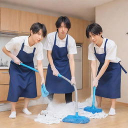 Anime style illustration showcasing three male characters diligently performing different cleaning tasks, each with characteristic features and distinct anime expressions.