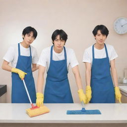 Anime style illustration showcasing three male characters diligently performing different cleaning tasks, each with characteristic features and distinct anime expressions.