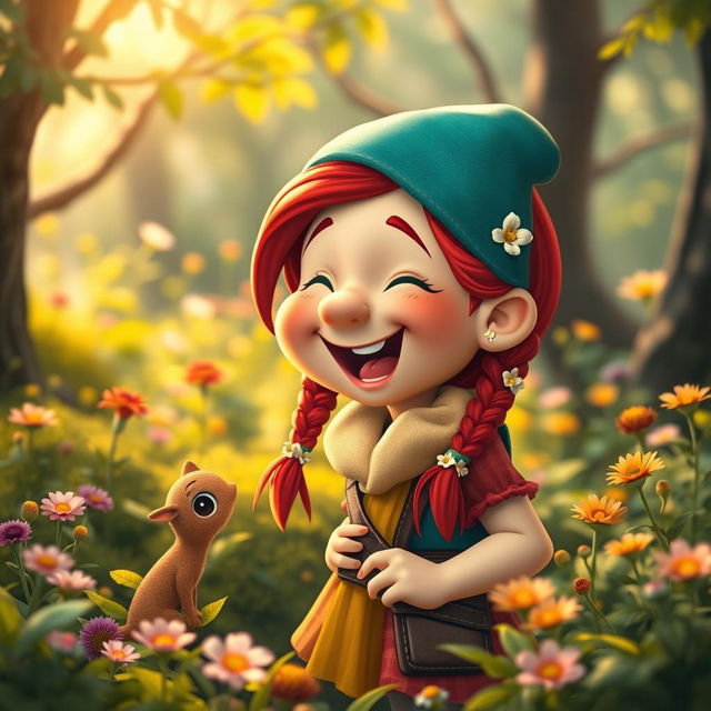 A cheerful dwarf girl with vibrant red hair, wearing colorful clothing and a playful expression